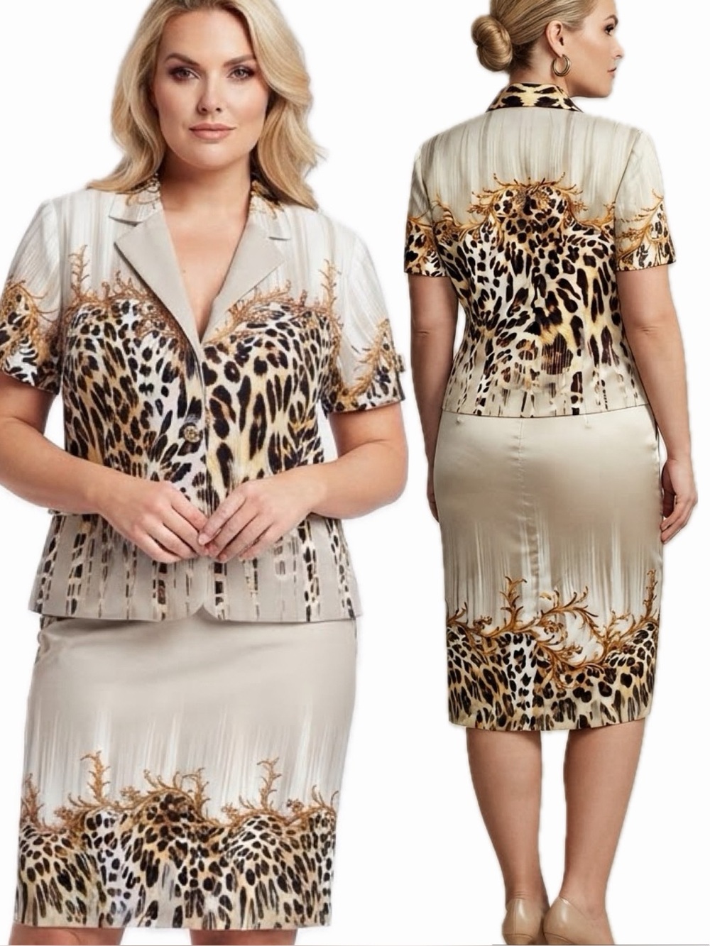 POLEN POE‎ SATIN SKIRT SUIT SET JACKET/SKIRT ANIMAL PRINT SHORT SLEEVES FORMAL
